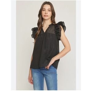 Entro black sheer grid blouse with ruffle sleeves